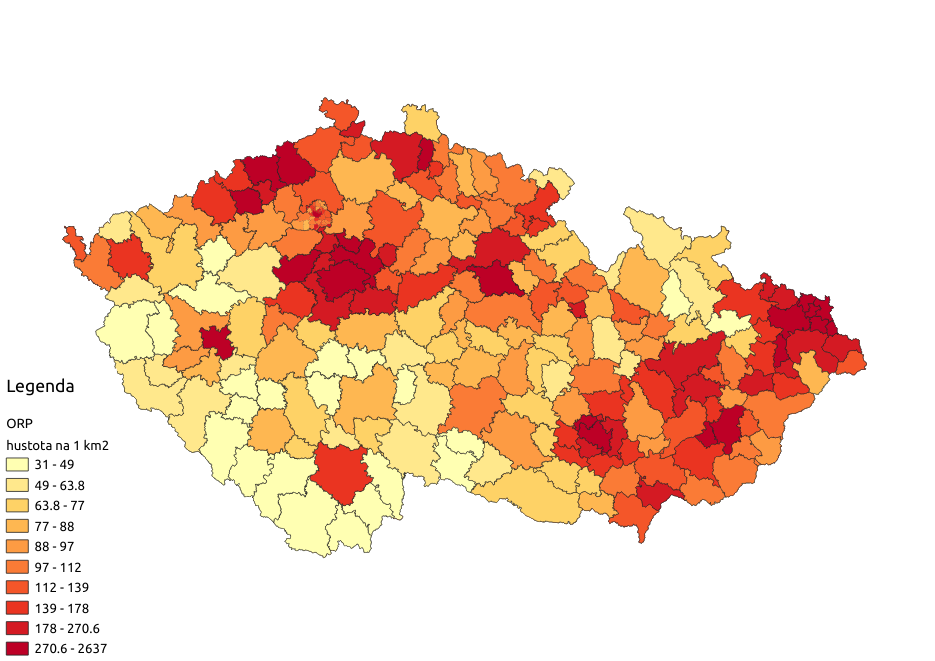 Hustota zalidnění dle ORP v ČR - vytvořeno v QGIS.