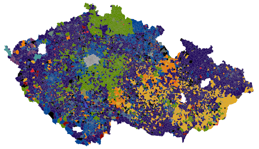 Krajské volby 2020 po volebních okrscích: barva odpovídá vítězné straně v daném volebním okrsku: ANO (fialová), ODS a koalice (modrá), STAN a koalice (zelená), KDU-ČSL a koalice (žlutá), Piráti a koalice (černá), ČSSD a koalice (oranžová), KSČM (rudá), SPD (červená), ostatní barvy jsou lokální strany.