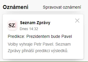 Uživatelé Seznamu dostávají ve 14:32 oznámení o tom, kdo bude novým českým prezidentem. Zdroj: Seznam.cz