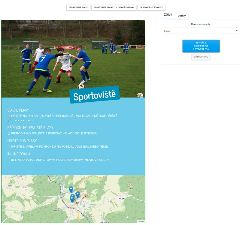 Vzhled ukázkové aplikace na vygenerování pdf pro tisk letáků se seznamem sportovišť.