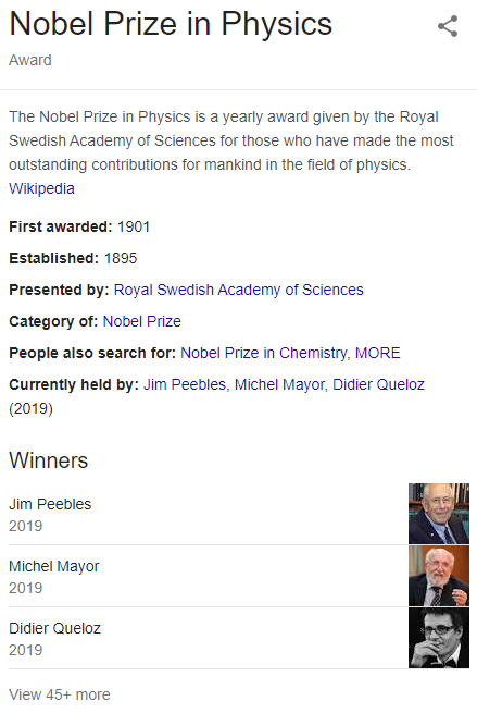Strukturované údaje o Nobelově ceně za fyziku ve znalostním grafu Google