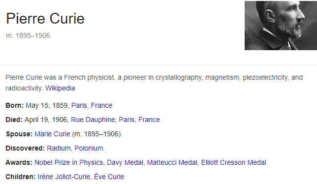 Strukturovaný výsledek na dotaz 'Husband of Marie Curie' vrácený vyhledávačem Google z jeho znalostního grafu