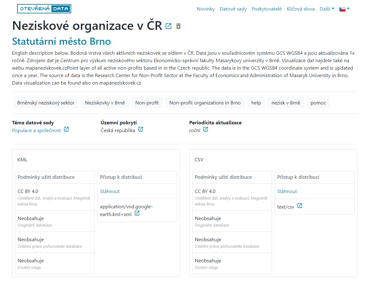 Datová sada Neziskové organizace v ČR s distribucí CSV z které skript stahuje data.