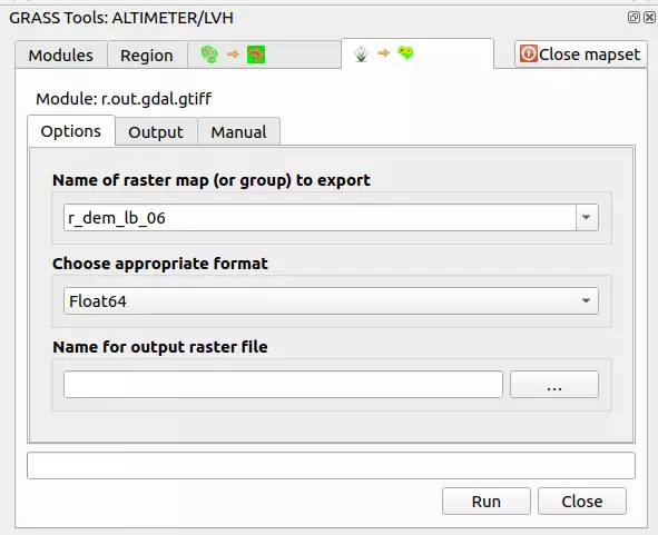 Export rastrového DEM do souboru ve formátu GeoTIFF.